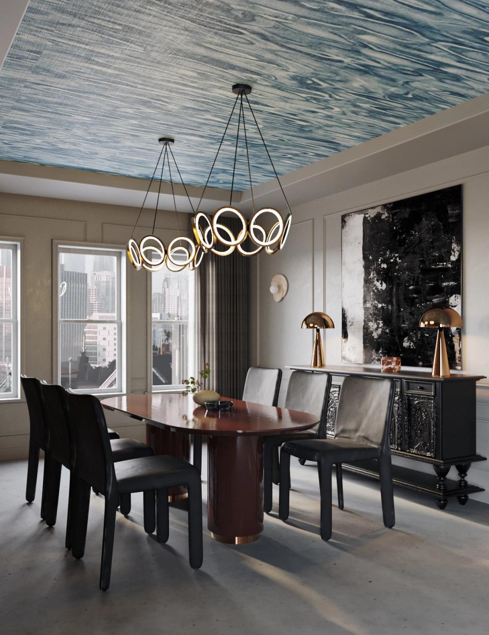 Sophisticated dining space with wave-patterned ceiling, modern ring pendant lights, and dark contemporary furnishings