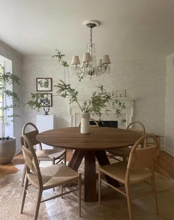 Organic modern dining room with warm wood table, hanging greenery, and soft sage-toned neutral walls