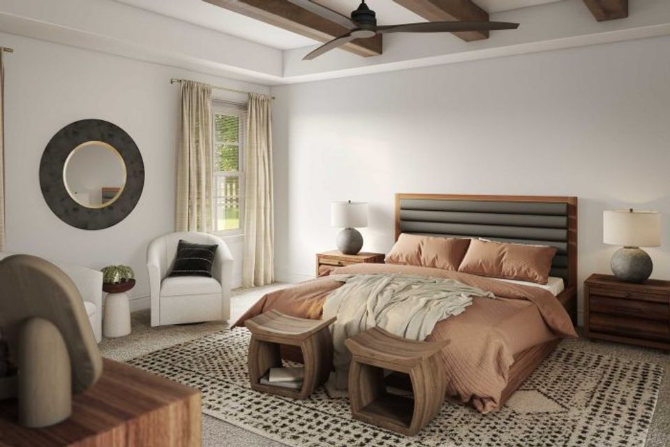 Rustic-modern bedroom with dark wood striped headboard, warm terracotta tones, and woven textures