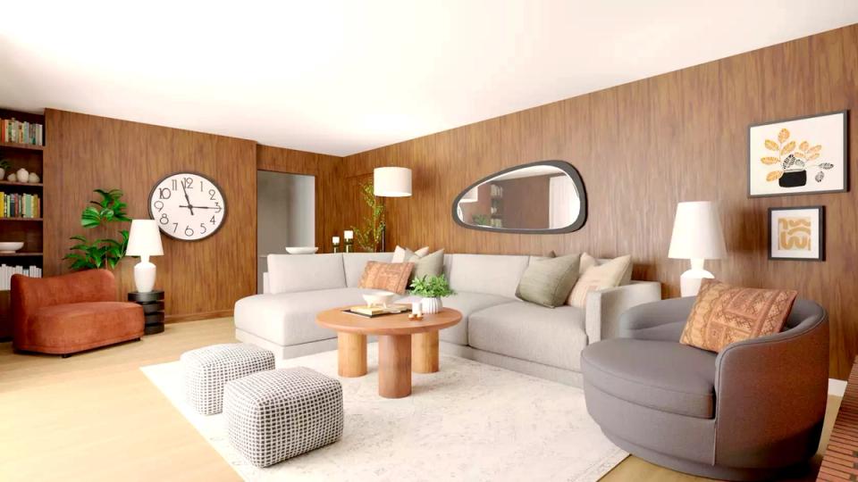 Warm wood-paneled mid-century room with terracotta accents and organic sculptural furnishings