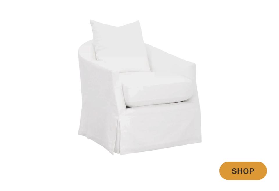 Clean contemporary white swivel chair with slipcover and minimalist design