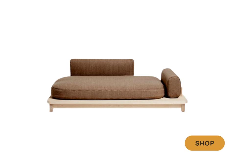 Mid-century modern daybed in warm taupe linen with wooden base