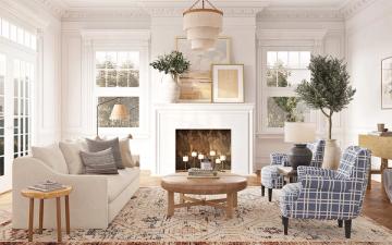 Bright traditional fireplace living room with neutral tones, built-ins, and natural wood accents