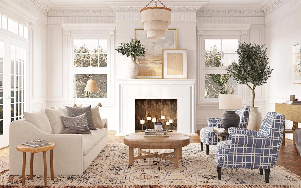 Bright traditional fireplace living room with neutral tones, built-ins, and natural wood accents