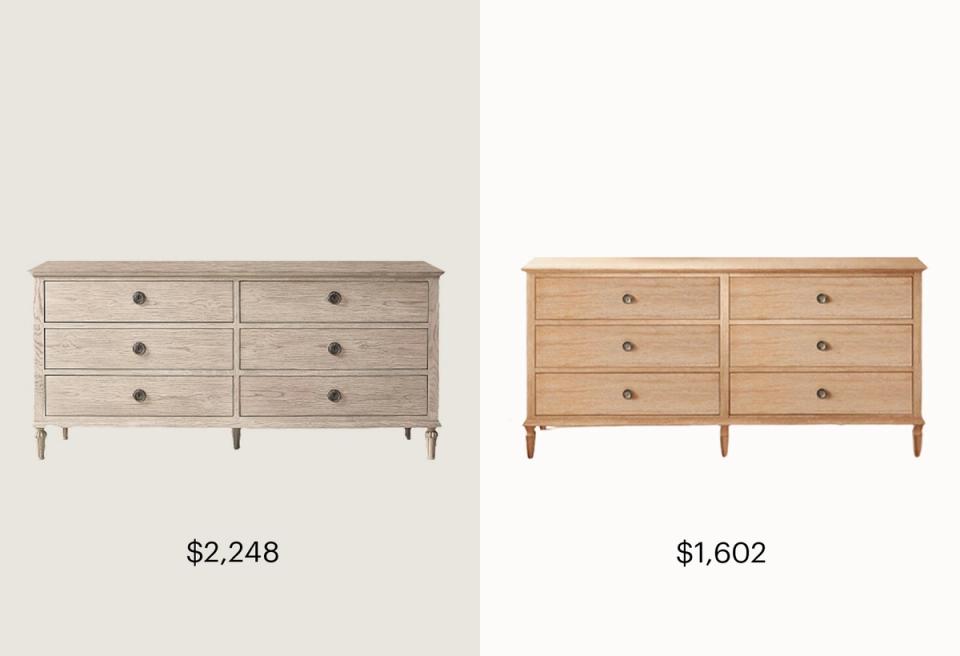 Mid-century modern dressers in light natural wood with tapered legs and brass hardware in neutral beige tones
