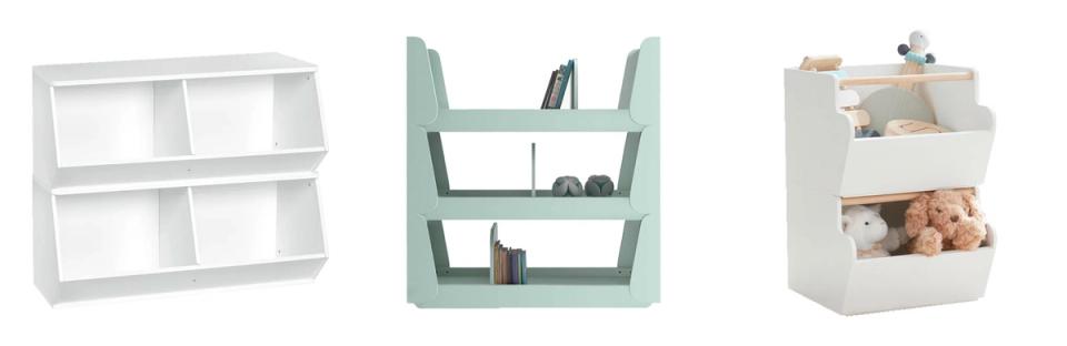 Contemporary modular storage units in white and sage green with open compartments