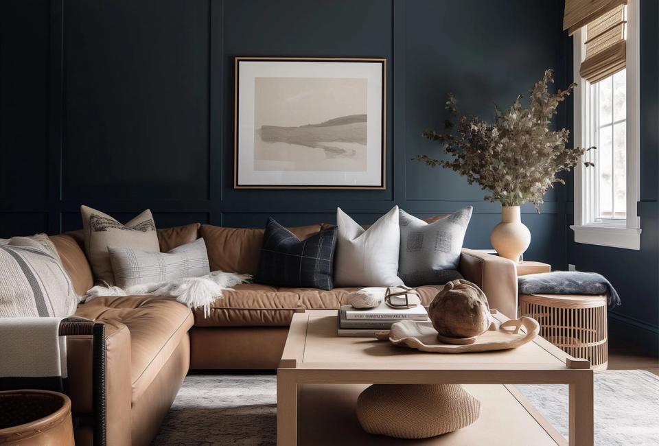Dark teal living room with warm leather sofa, neutral pillows, and natural wood coffee table