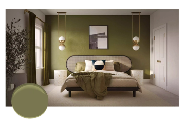 Contemporary olive-green bedroom with curved upholstered headboard and neutral palette conveying cozy elegance and modern comfort