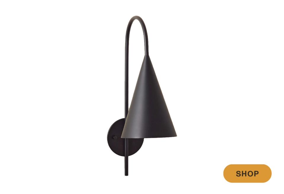 Contemporary black cone pendant with curved arc wall mount