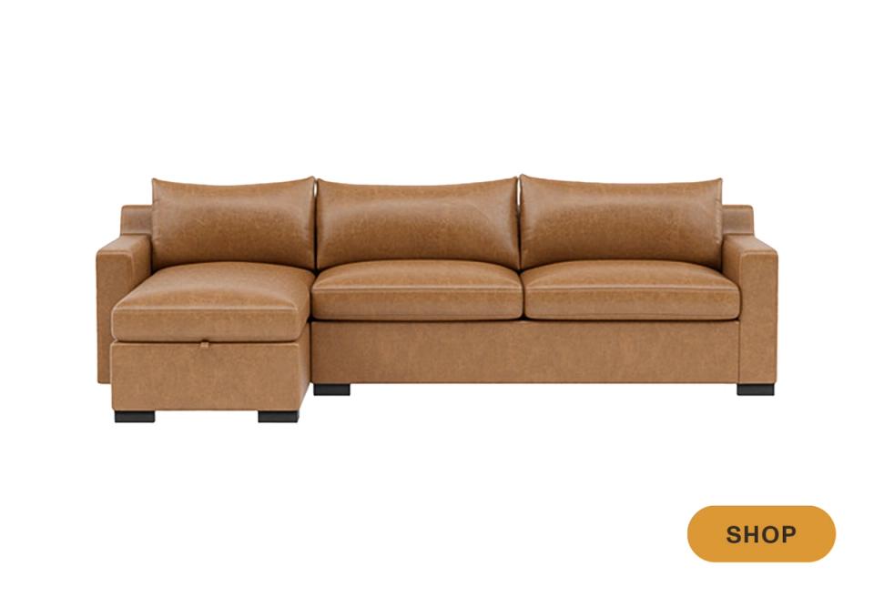 Warm tan leather sectional sleeper sofa with storage, modern transitional style and clean lines