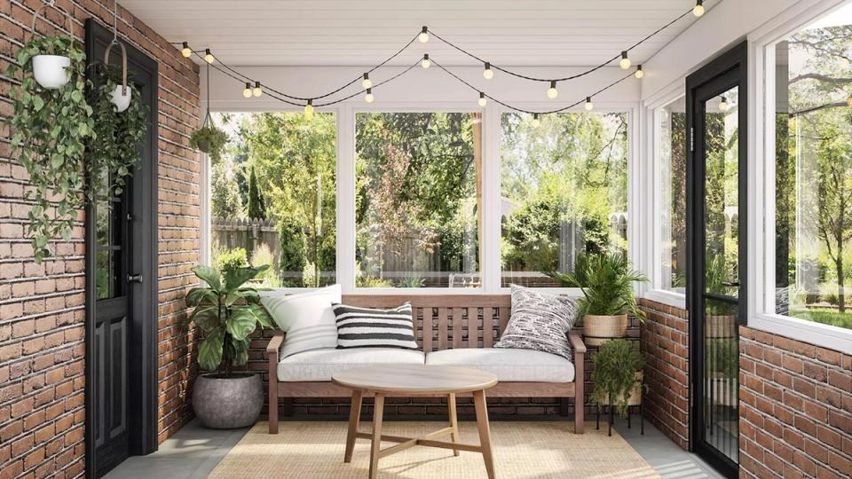 Airy screened porch with natural wood accents, cozy seating, and abundant greenery in warm, inviting palette.