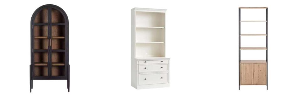 Storage solutions in dark wood arch cabinet, white shelving, and mixed materials