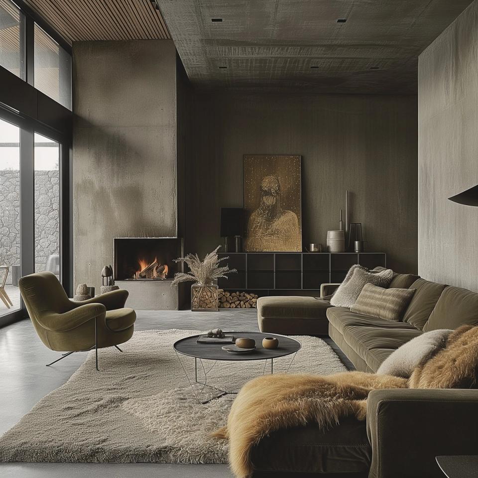 Serene modern living room featuring earth tones, fireplace focal point, and contemporary minimalist styling