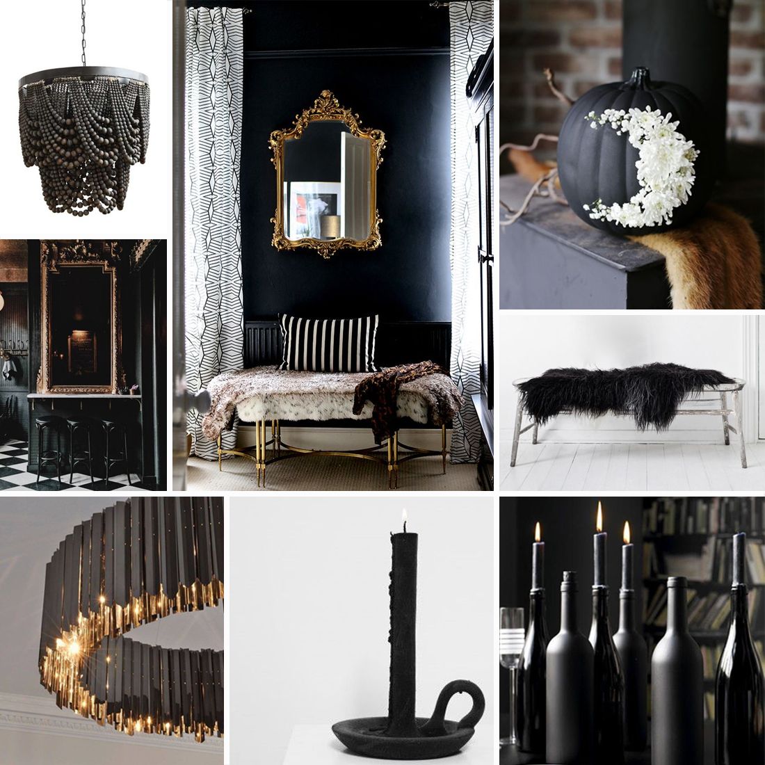 Moody Halloween décor: dark, gothic aesthetic with black candles, ornate mirrors, and elegant monochromatic styling