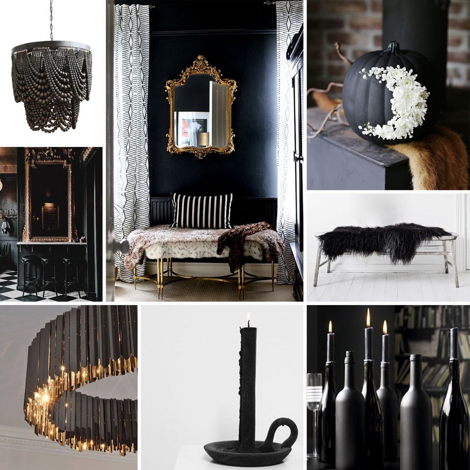 Moody Halloween décor: dark, gothic aesthetic with black candles, ornate mirrors, and elegant monochromatic styling