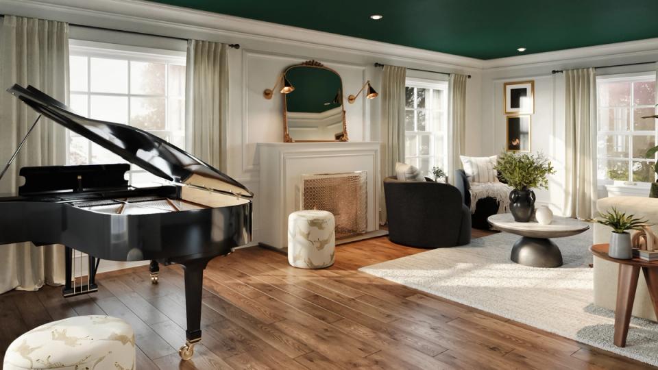 Sophisticated music room blending forest green ceiling with warm wood floors, grand piano, and modern minimalist accents