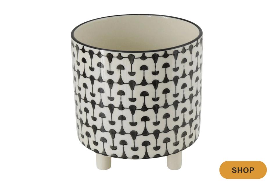 Geometric patterned planter in black and cream with mid-century modern vibe