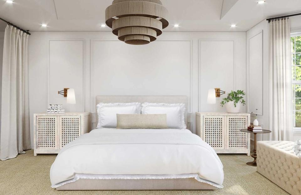 Serene rustic bedroom with white bedding, rattan pendant light, cream curtains, and natural wood accents