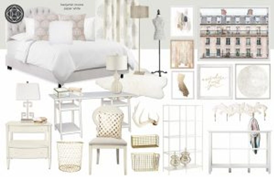 Light airy bedroom design mood board with cream, ivory, and soft pastels featuring classic furniture and decor