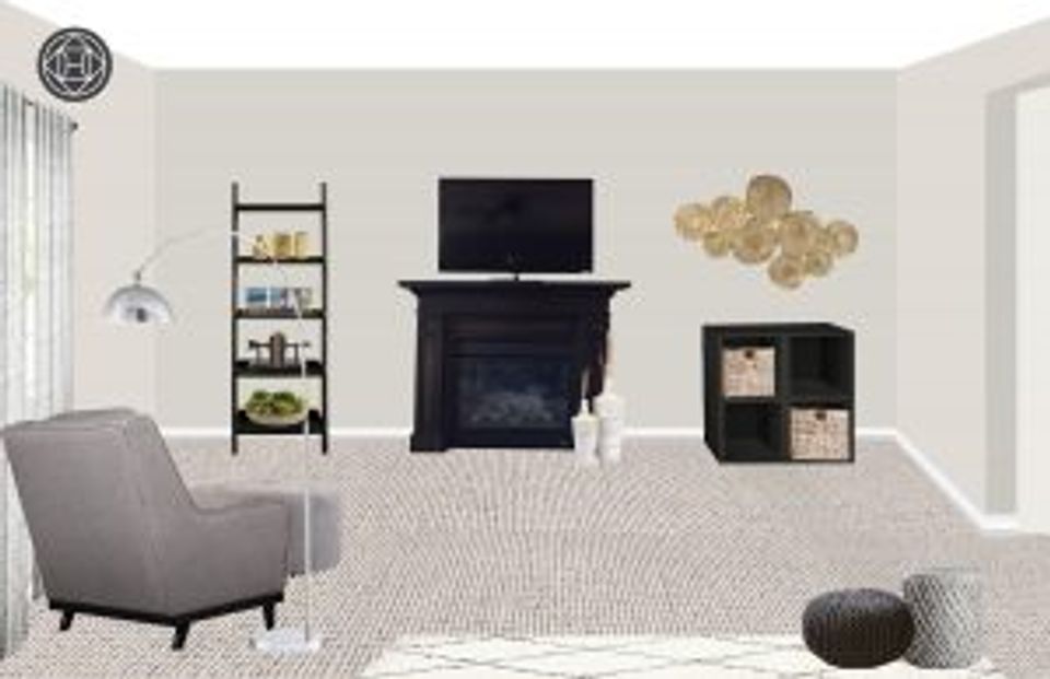 Contemporary living room with black fireplace, gray accent chair, textured rug, and minimalist shelving in soft palette