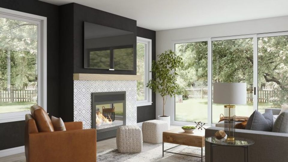 Balanced interior with black architectural elements, cognac leather accents, and minimalist design for refined warmth