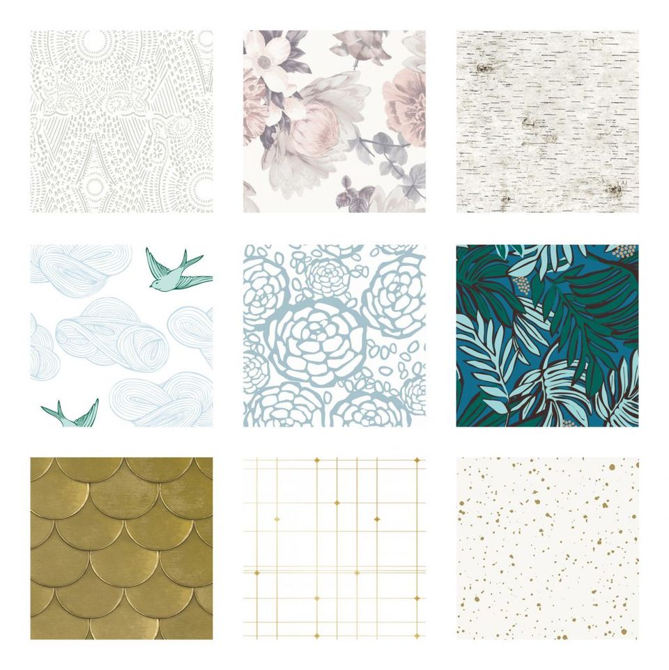 Diverse peel-and-stick wallpaper collection featuring botanical, geometric, and nature-inspired designs