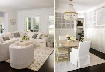 Soft contemporary living and dining spaces unified by cream and beige tone-on-tone patterned rugs with classic furnishings