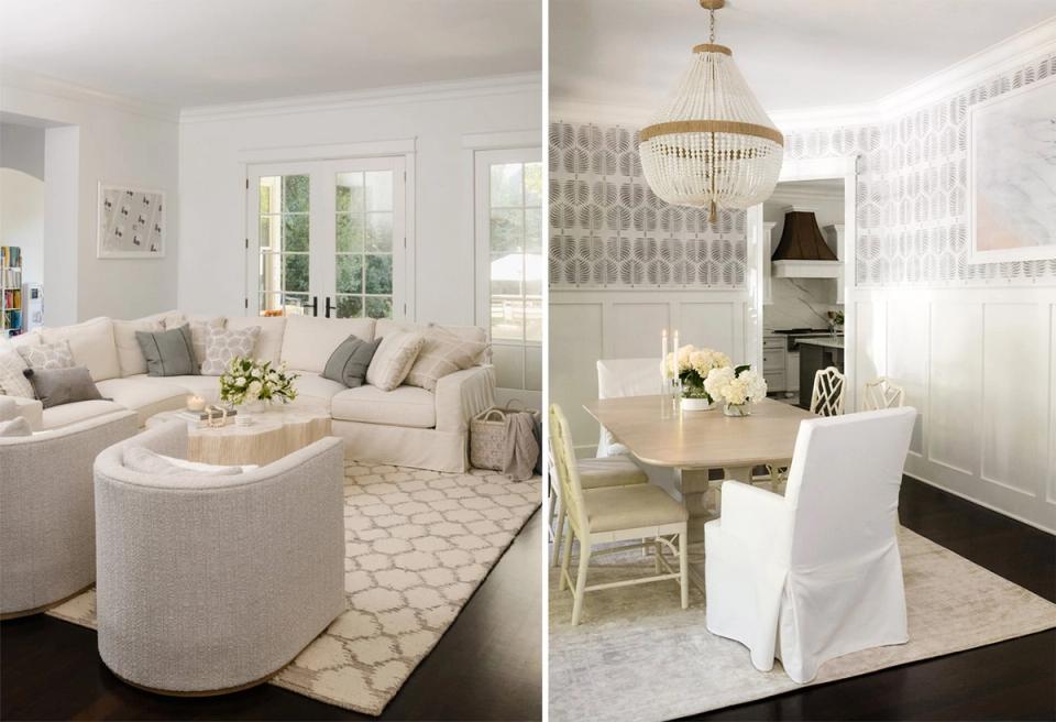 Soft contemporary living and dining spaces unified by cream and beige tone-on-tone patterned rugs with classic furnishings