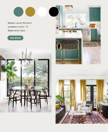 Boho glam combining teal and gold with crisp whites and black accents, blending eclectic style with warm, layered textures.