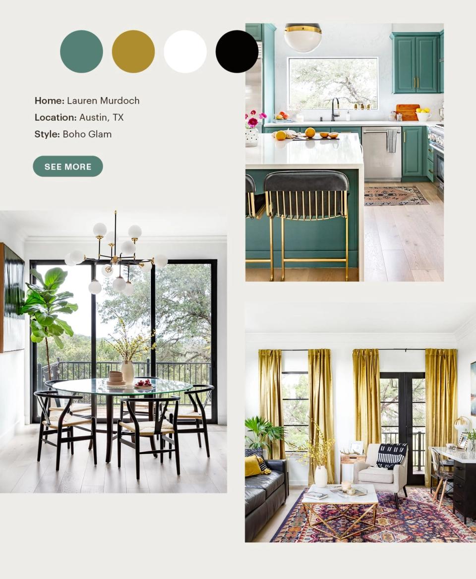 Boho glam combining teal and gold with crisp whites and black accents, blending eclectic style with warm, layered textures.