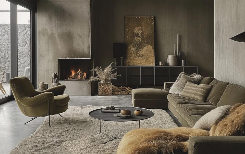 Warm minimalist living room with sage green walls, fireplace, and neutral seating in earthy tones