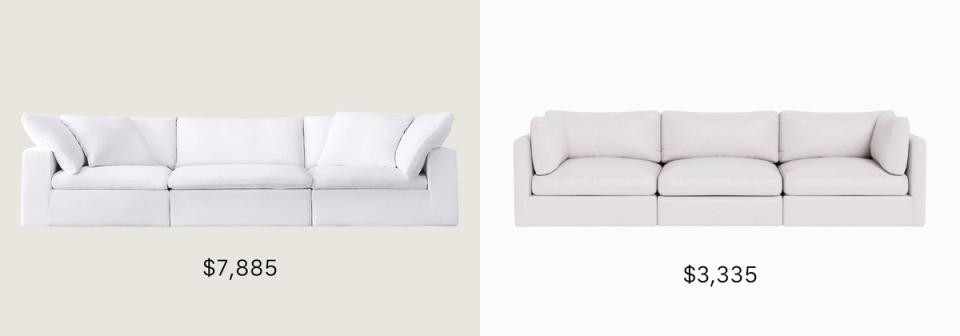 Clean contemporary sofas in white and neutral tones, showing designer vs budget-friendly options
