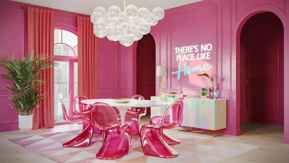 Barbiecore dining space in hot pink with sculptural chairs, white cloud chandelier, and neon signage