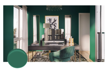 Deep forest green home office with modern furniture, high contrast white trim, geometric patterns, and sophisticated jewel-tone elegance