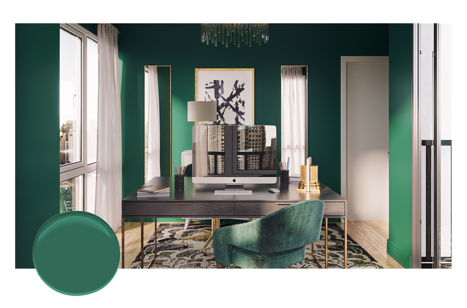 Deep forest green home office with modern furniture, high contrast white trim, geometric patterns, and sophisticated jewel-tone elegance