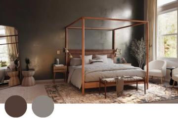 Moody earth-tone bedroom with deep charcoal walls, warm wood canopy bed, and rich brown and gray palette.