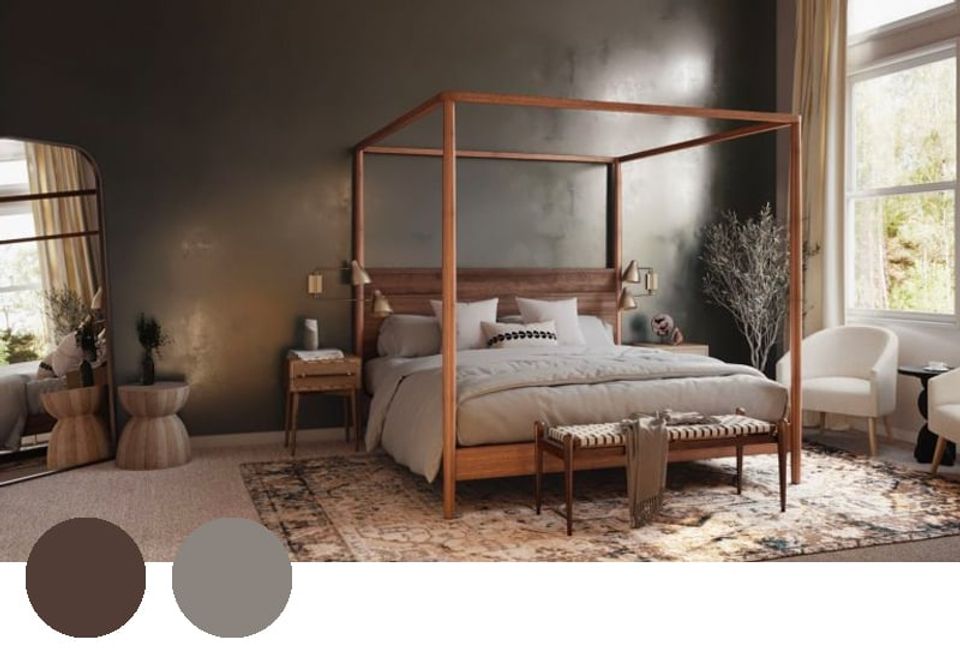 Moody earth-tone bedroom with deep charcoal walls, warm wood canopy bed, and rich brown and gray palette.