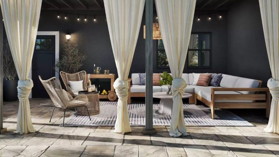 Contemporary outdoor lounge with sheer draped canopy, dark walls, natural wood seating, and sophisticated monochromatic scheme.