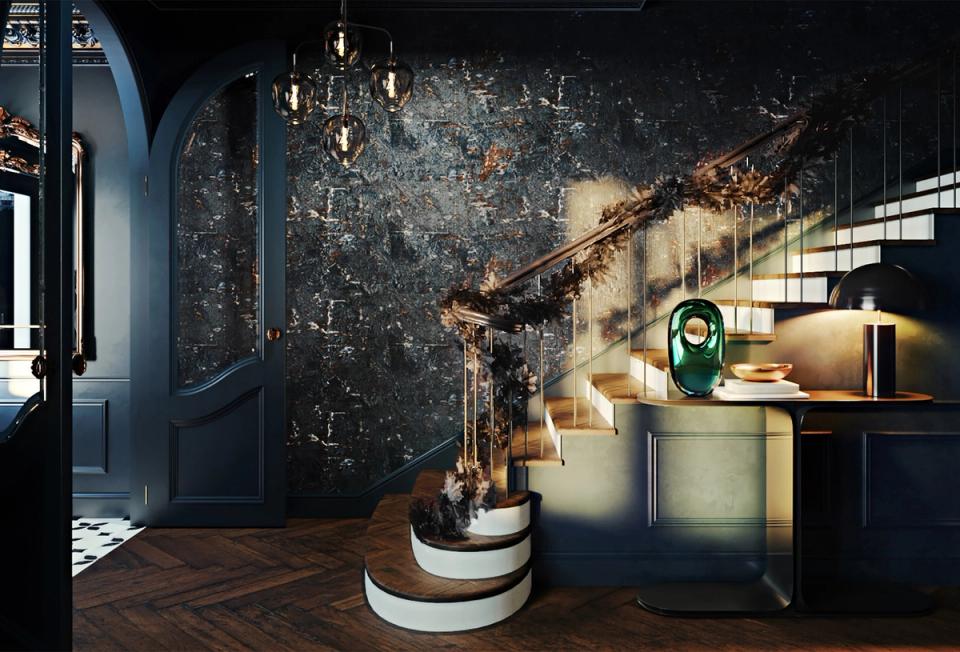 Moody gothic workspace with distressed dark wallpaper, brass fixtures, and warm ambient lighting