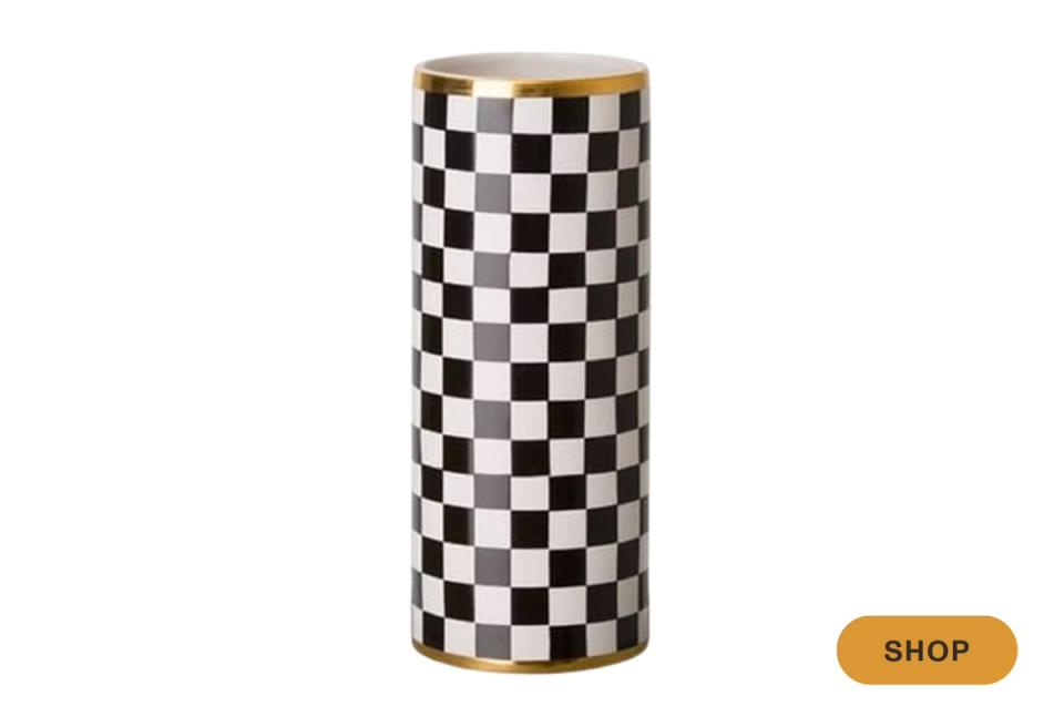 Classic black and white checkerboard ceramic vase with gold-tone rim