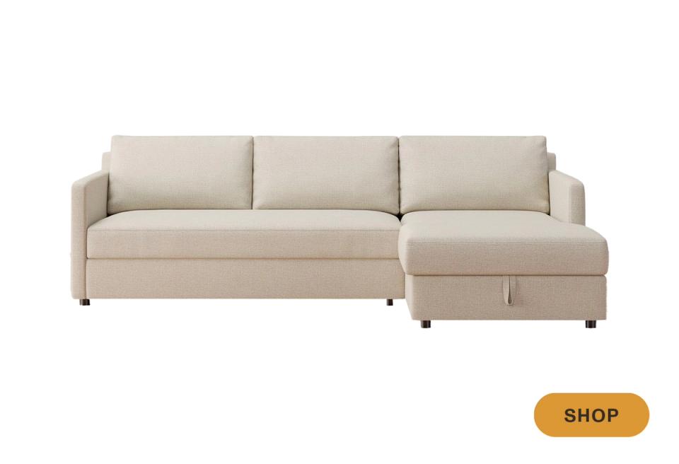 Modern neutral beige sectional sleeper with chaise storage compartment