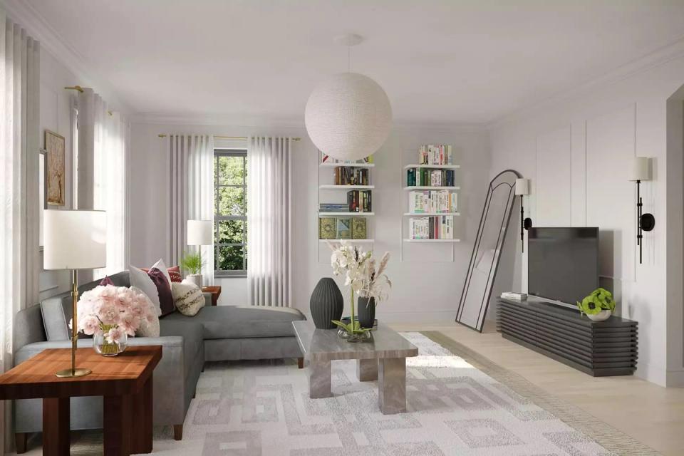 Minimalist living room with soft white rice paper pendant lantern casting warm ambient light