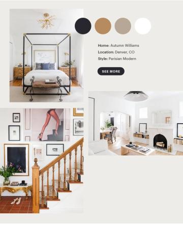 Parisian Modern home showcasing warm neutrals with black, tan, and cream palette across bedroom, staircase, and living spaces