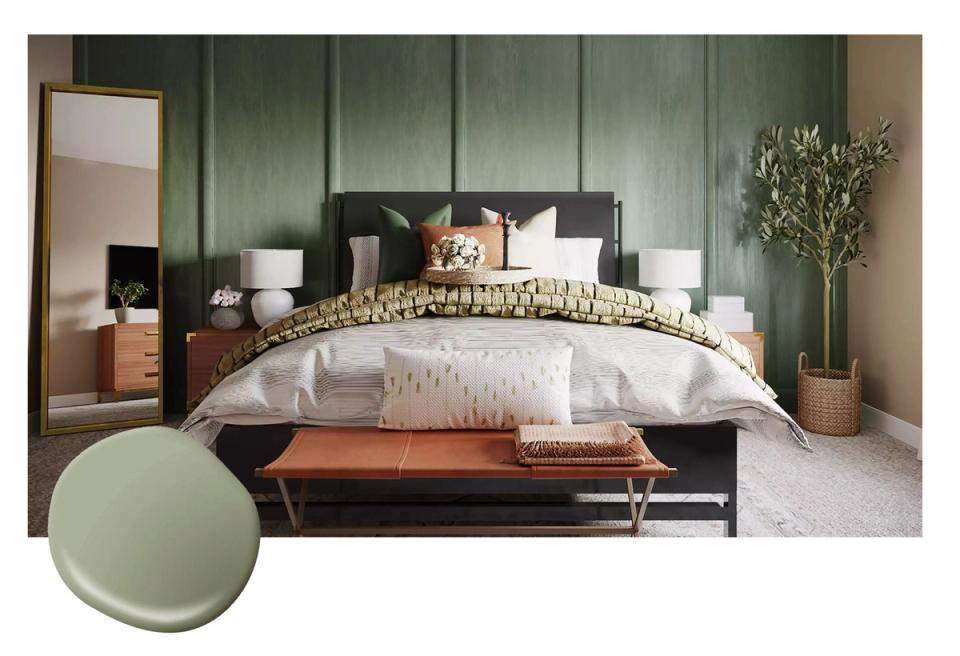 Modern bedroom with dual-tone green walls, warm wood nightstands, and layered textures for a grounded, luxe aesthetic