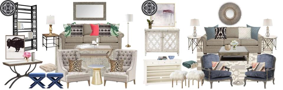 Design mood board featuring neutral palette with blue accents and transitional furniture pieces