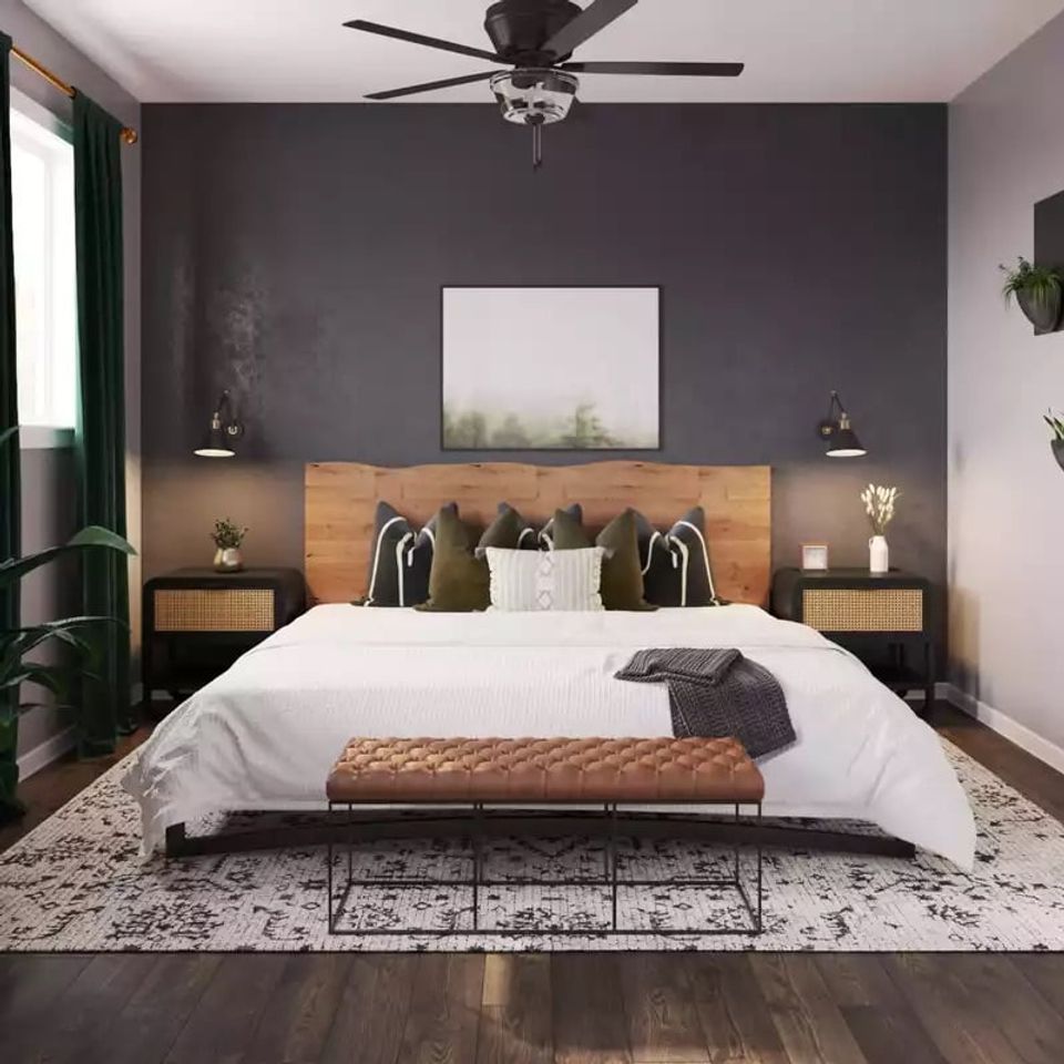 Contemporary bedroom featuring charcoal accent wall with mid-century wood headboard, emerald green curtains, and warm layered lighting