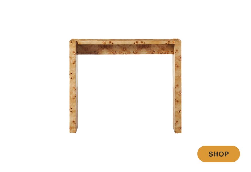 Console table frame in light burled wood with distinctive speckled finish