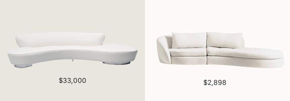 Curved sculptural white sofas with organic flowing shapes in luxury and affordable versions