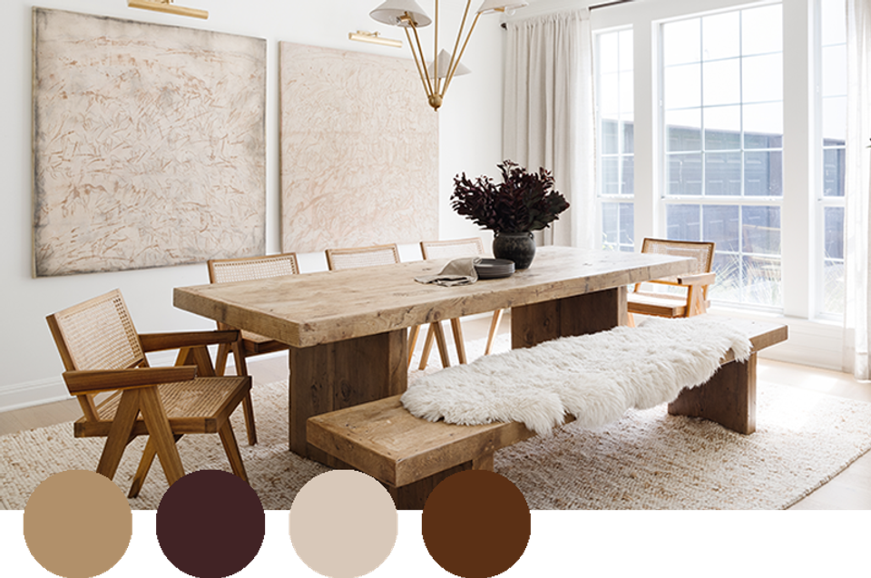Warm minimalist dining room with natural wood table, neutral palette, and earthy brown accents