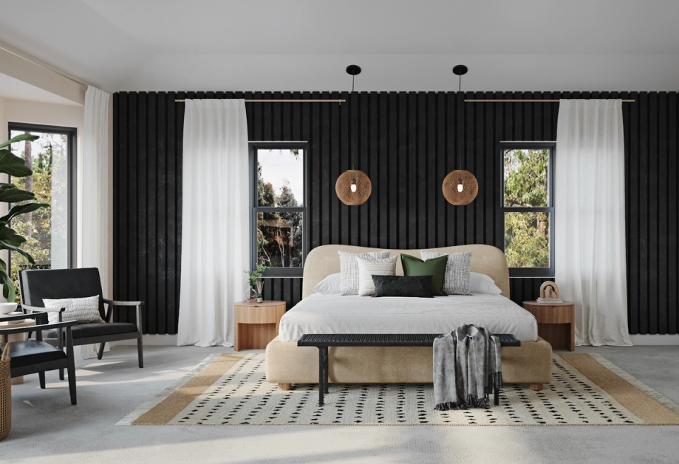 Contemporary bedroom with dramatic black wall, white bedding, floor-to-ceiling windows, and warm wood nightstands